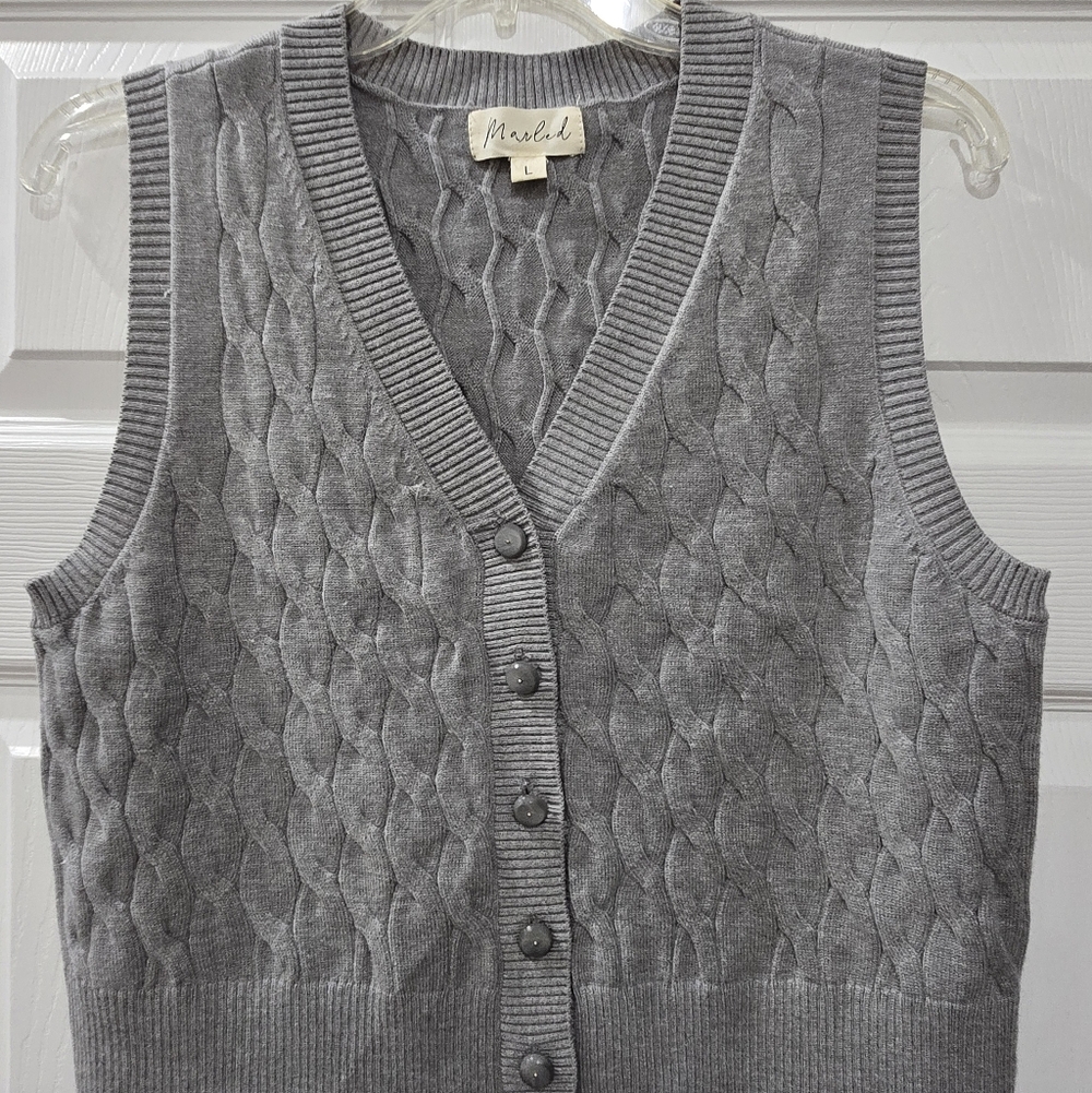 Madeline Gray Cable-Knit V-Neck Button Front Sweater Vest, Size L OFFERS WELCOME